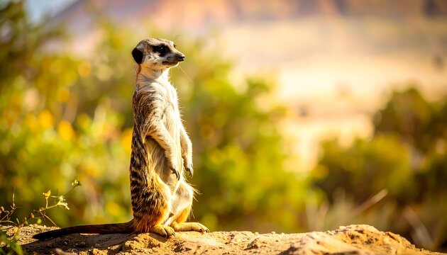 Alert meerkat on a desert dune, sunlit profile