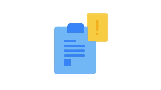 Blue clipboard with pending alert notification, flat design style