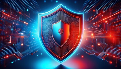 a red and blue security shield with a circuit board design cybersecurity defense versus attack concept a digital firewall protecting a computer network from online threats and malware