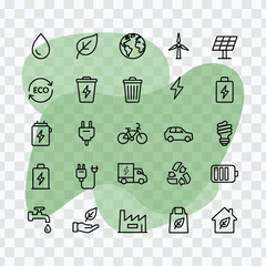 Eco-friendly sustainability line icons featuring renewable energy, recycling, electric transport, and environmental conservation symbols