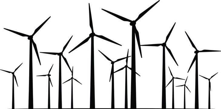 A collection of wind turbines in a field creating a silhouette against a white background with a hand drawn sketchy style