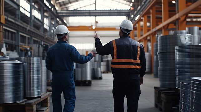 Two engineers in safety gear collaborate, pointing and gesturing amidst stacks of metal drums, inside of a factory setting. The industrial site looks busy and productive.