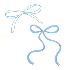 Watercolor set of  blue bow, ribbon silk, illustration for design.
