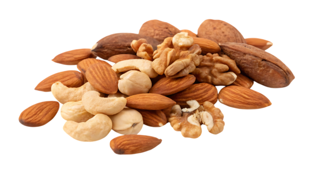Rustic harvest abundance of almonds cut out isolated on white background PNG. AI GENERATED.