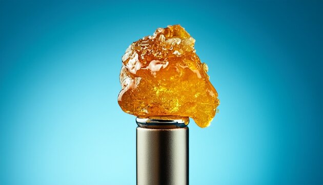 live rosin on a dab tool with a light blue background