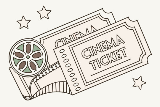 Retro vintage cinema ticket illustration with classic color scheme