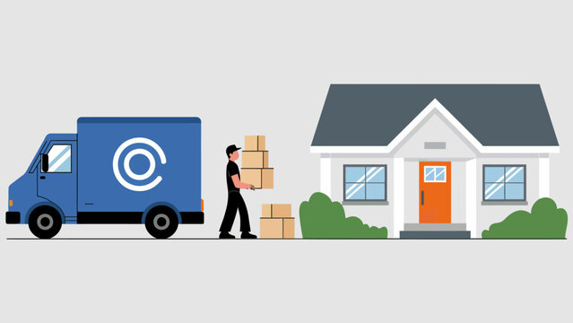 Delivery service bringing boxes to a house with a blue truck representing efficient and reliable moving solutions for residential customers