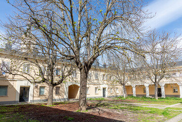 A tranquil residential courtyard in El Pardo, Madrid, featuring light yellow facades with an arched portico, dormant trees with bare branches, and a mixed grass and dirt ground