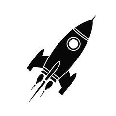 Black silhouette of a retro rocket ship blasting off on a white background
