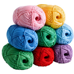 A vibrant collection of colorful yarn balls neatly stacked in a pyramid formation isolated on transparent background