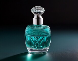 teal perfume bottle on dark background