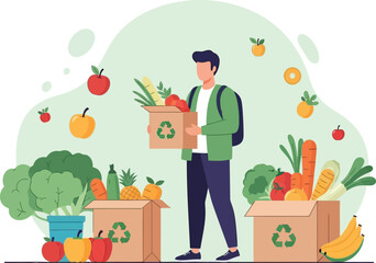 lat vector of a man ordering groceries online, surrounded by fruits, vegetables, and eco-friendly packaging, pastel colors, sustainable shopping concept.