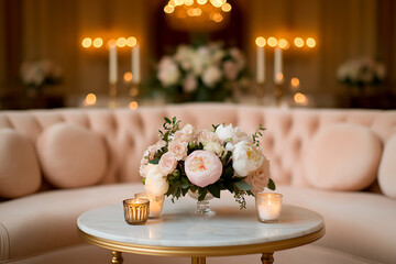 Elegant floral centerpiece with candles, set on a marble table in front of a plush couch, creates a cozy and romantic ambiance. Perfect for weddings or special events.