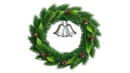 Traditional christmas wreath with silver bells and pine cones on black background