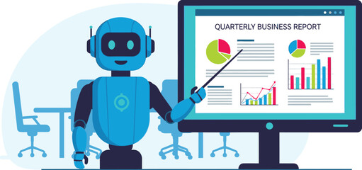  Simple vector illustration of AI robot presenting business report on screen, technology meeting concept.