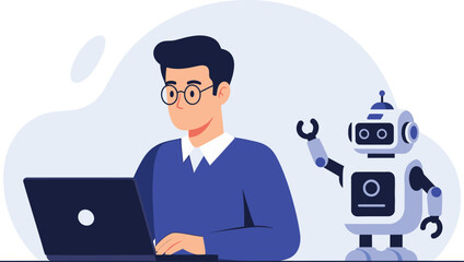 Flat vector of man using laptop with small robot assistant beside him, white background, simple solid colors