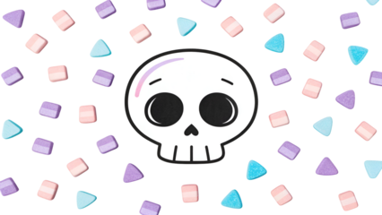 Cute cartoon skull with colorful confetti on black background