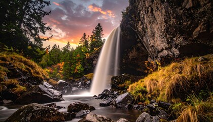 Majestic waterfall cascading down a rocky cliff face at sunset. Lush fall foliage and pine trees surround the scene