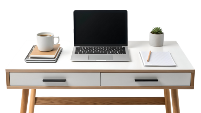 Modern home office desk with laptop and coffee mug