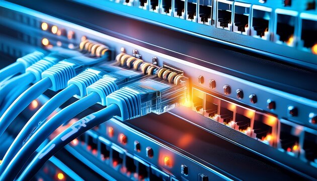 ethernet cables plugged into a network switch with glowing lights data center and internet connection a close up of a server rack showing high speed data transfer and network traffic - Powered by Adobe