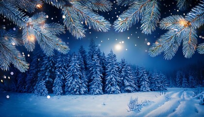 Winter Night Landscape Snowy Forest And Fir Branches