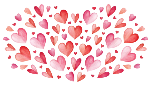 A heart shape formed by many small pink and red hearts on a black background