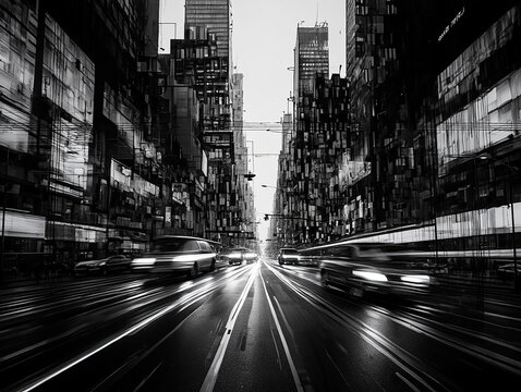 Fototapeta Black and white city street with blurred cars and light trails