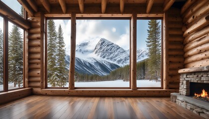 cozy mountain cabin interior with wooden beams and a stone fireplace featuring large windows overlooking a snowy landscape perfect for virtual meeting backgrounds