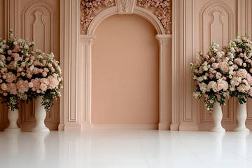 Aesthetic studio with a soft peach wall, two large floral arrangements, and a pristine white floor. The space exudes elegance and serenity, perfect for portraiture or a special event.