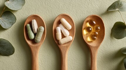 Spoons feature colorful dietary supplements arranged on a green background