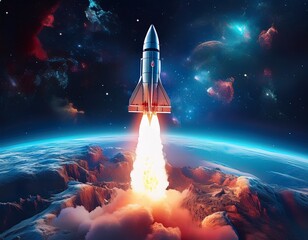 rocket lifting off through high altitude space scene