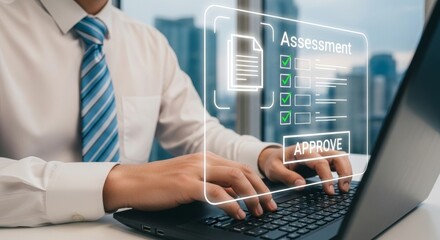 Businessman approving assessment while typing on laptop in office
