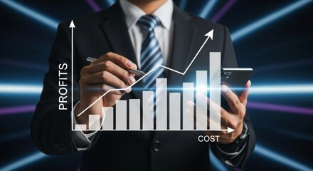 Businessman analyzing profit and cost graph on smartphone background  