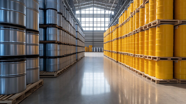 Metal drums warehouse showcases industrial storage. Rows of yellow & silver barrels organized on pallets, creating symmetry with a central aisle.