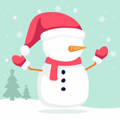 A cute cartoon snowman wearing a red Santa hat and scarf, with carrot nose and mitten hands, standing in a snowy landscape with snowflakes and pine trees.