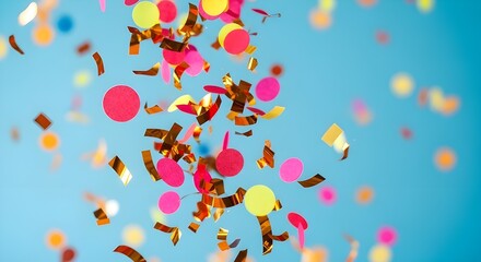 Colorful confetti and streamers falling against a bright blue background