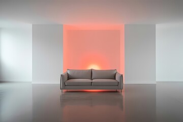 A minimalist living room featuring a gray sofa against a wall with soft orange ambient lighting glow