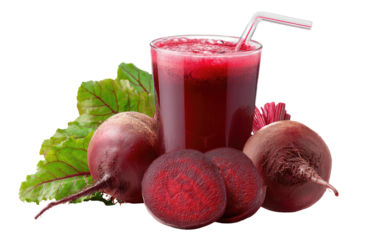 Ruby-red beetroot juice in a glass, with whole and sliced beets, and green leaves