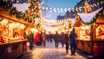 Fototapeta premium Evening street scene, Christmas market with illuminated stalls, and blurred crowd