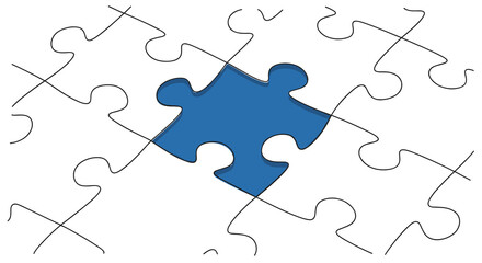 Fototapeta premium Puzzle piece fitting in, professional and conceptual, one-line art filled with corporate blue, representing solution, teamwork, partnership, and integration
