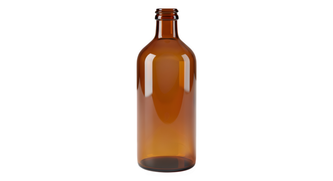 A tall slender amber glass bottle with a long neck isolated on transparent background