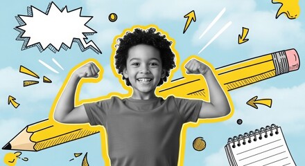 Young boy flexing muscles and smiling with school supplies background  