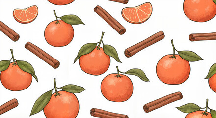 Tangerines and cinnamon pattern, warm and cozy, hand-drawn doodle style, soft beige, terracotta, and coral shades, gentle scattered layout, white background