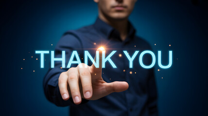Man Pressing Virtual 'Thank You' Button: Digital Gratitude, Customer Service, Appreciation Concept