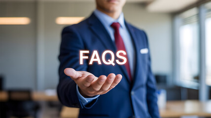 Businessman Holding Virtual FAQs Text: Frequently Asked Questions, Customer Support, Information Guide