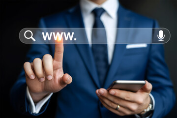 Businessman Tapping Virtual Search Bar with WWW: Internet Browsing, Global Network, SEO, Website Access