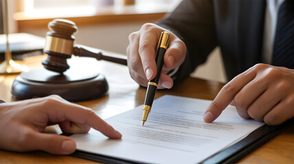 Lawyer or Attorney Pointing to Legal Document for Client to Sign: Contract, Justice, Consultation