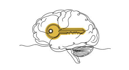 Brain with key inside, intelligent and innovative, continuous line art filled with golden yellow, representing unlocking potential, education, and creativity, white background