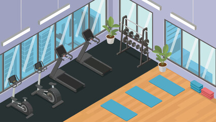Modern Gym Interior with Treadmills Exercise Bikes and Yoga Mats for Fitness and Healthy Lifestyle Promotion
