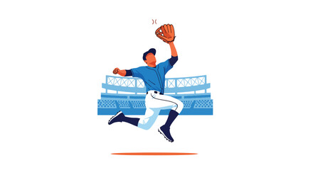 Flat vector of baseball player with glove catching fastball mid-air, symbolizing precision, reflex, and training
